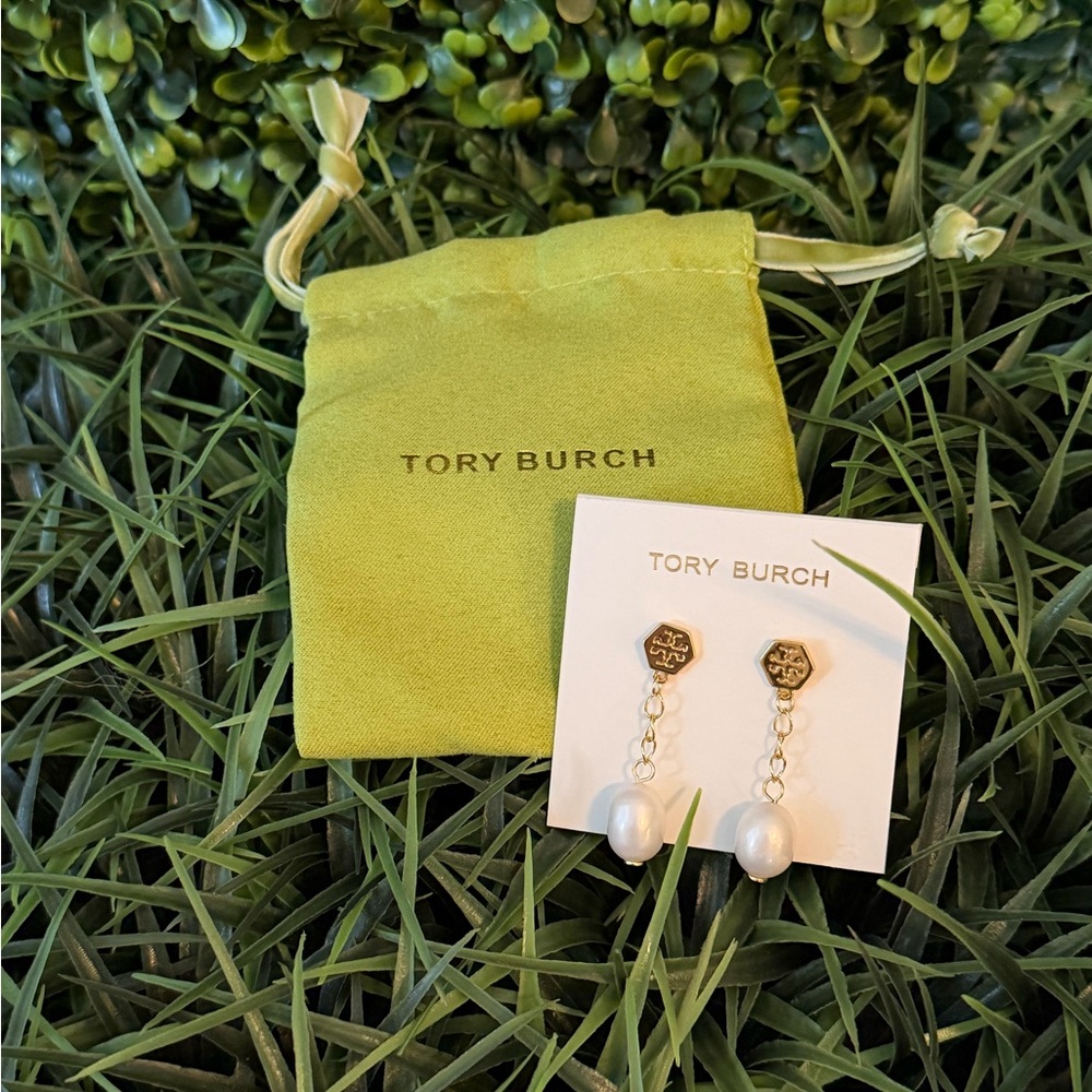 Tory Burch Hexagon Stud Pearl Drop Earrings